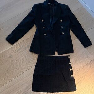 Zara Black Blazer and Skirt Set with Gold Buttons, S